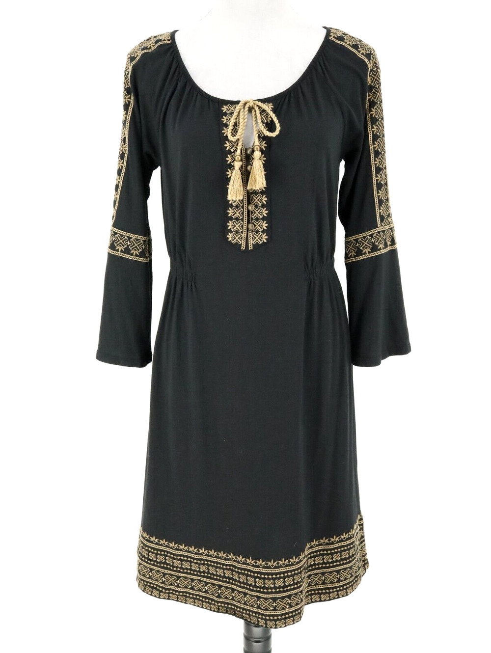 J Jill Dress Womens XS Black Gold Embroidered Stretch Knit Tie Neck Bohemian
